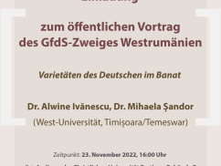Meghívó a Német Nyelvi Társaság (GfdS) Nyugat-Romániai Fiókszervezetének nyilvános előadására
